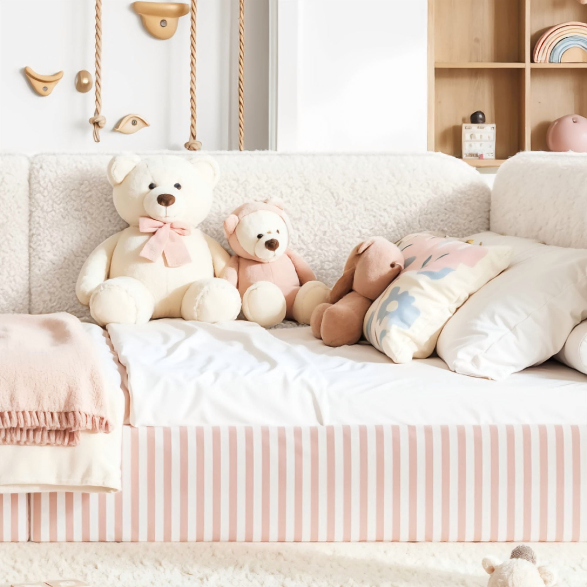 Queen Size Upholstered Teddy Fleece Floor Bed Frame, Half-Enclosed Montessori Low Profile Platform Bed with Full-Perimeter Guardrails for Kids, Beige