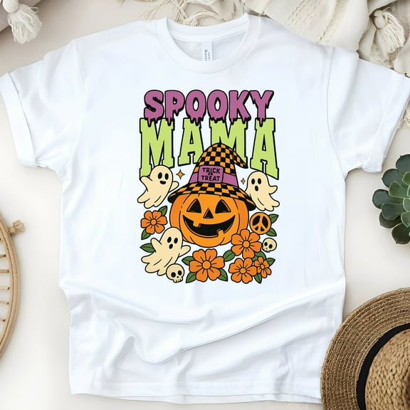 Spooky Mama Ghost Pumpkin Witch Hat Halloween Graphic T-Shirt, White, Size S