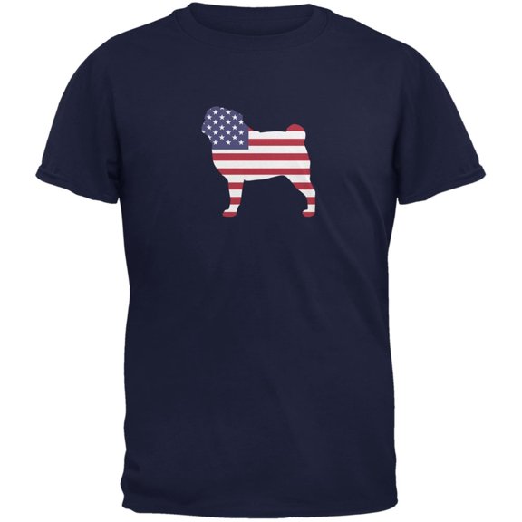 4th of July Patriotic Dog Pug Navy Adult T-Shirt - Medium