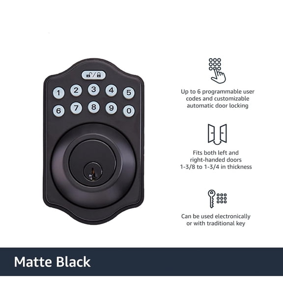 Basics Electronic Keypad Deadbolt Door Lock with Touch-Control Keyless Entry, Keyed Entry Option, Traditional, Matte Black, 1-Pack