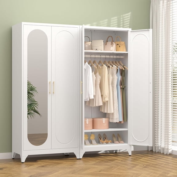 Metal Armoire Wardrobe Closet with Mirror, 71" Tall Steel Clothing Storage Cabinet with Doors, Hanging Rod and Adjustable Shelves, Freestanding Clothes Organizer for Bedroom, Office, White