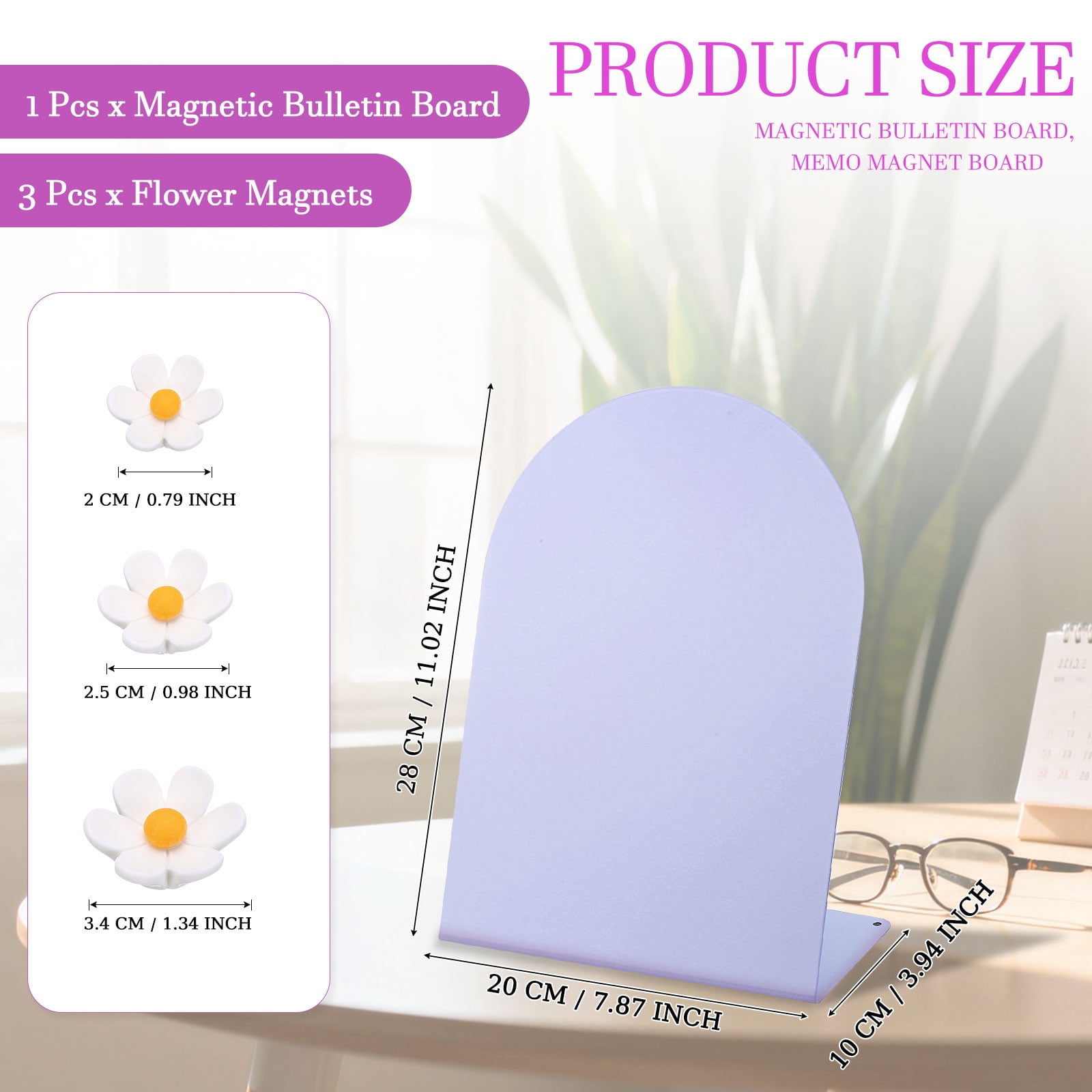 Uxcell Magnetic Bulletin Board, Memo Magnet Display Stand Board with 3 Flower Magnets for Home Office Kitchen, Purple/White