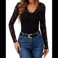 thumbnail image 1 of Blusa de Larga con Cuello en V y Encaje de con Bordado Floral para Mujer Negro XXL, 1 of 9