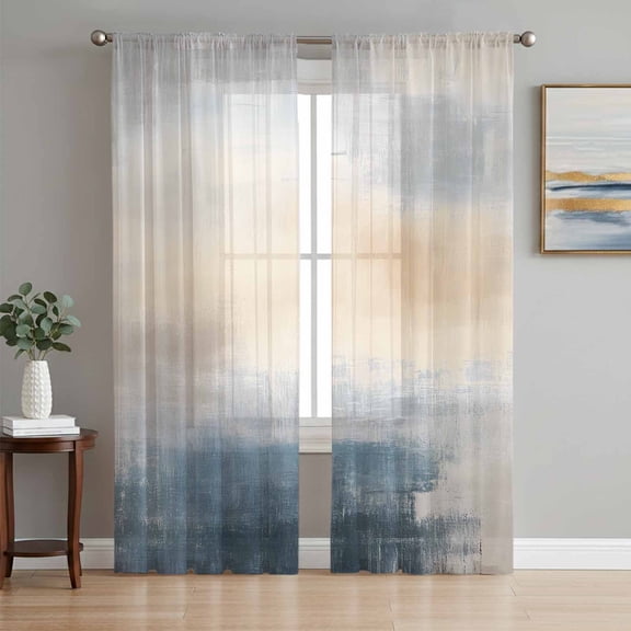 Navy Blue Beige Gray Sheer Curtains 108 Inch Length 2 Panels Set, Modern Abstract Art Voile Window Treatment Semi Sheer Long Curtains Drapes for Bedroom/Living Room/Kitchen 52"x108"x2