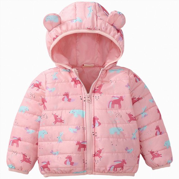 JUMEYU Toddler Puffer Jacket Girl Printed Puffer Jacket for Baby Bear Ear Hooded Zip-Up Winter Coat (Light Pink,6-12 Months)