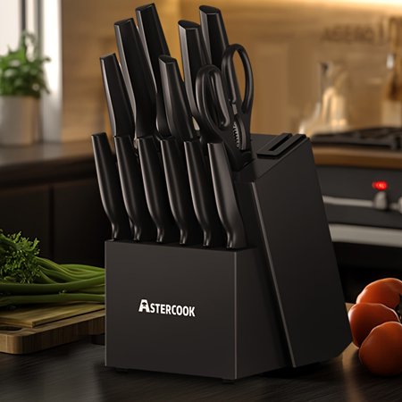 15pcs/Astercook Knife Set, Kitchen Knife Set with Built-in Sharpener Block, Dishwasher Safe, 15 Pieces German Stainless Steel Knife Block Set, Black, Kitchen Gadgets Gifts For Mom Or Dad