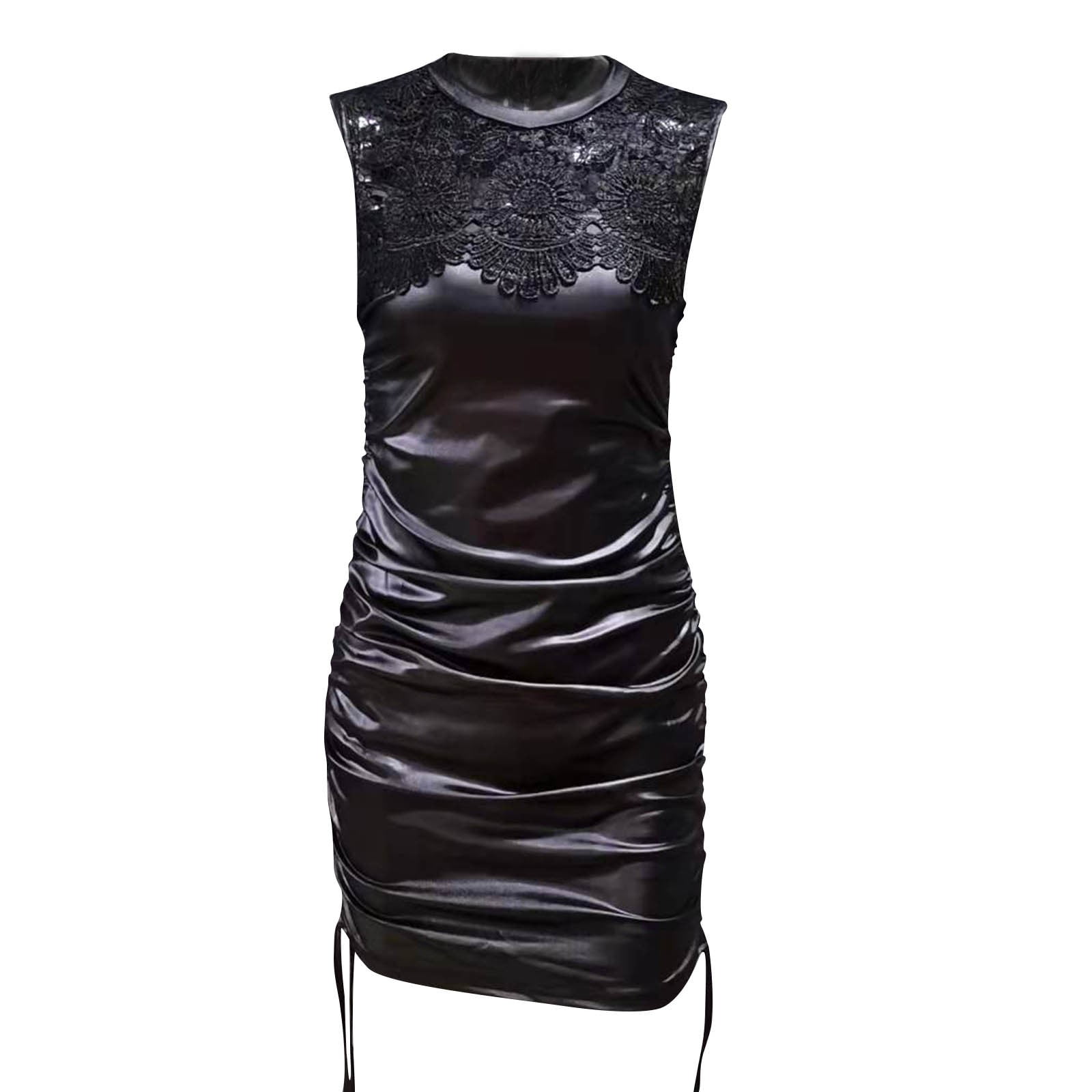 Dresses for Women - Women's Lace Stitching Rope Sleeveless Round Neck Sexy  Skin Tight Imitation Leather Dress Travel Dress Black : :  Fashion