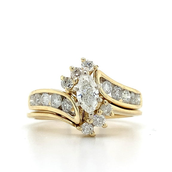 Silver Shop 14k Yellow Gold Finish Marquise & Round Cubic Zirconia Interlocking Bypass Wedding Band Set