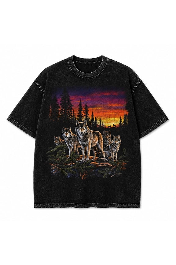 Wolf Pack Forest Sunset Washed T-Shirt, Unisex Classic Fit, 100% Heavyweight Cotton, 180 GSM, Front Graphic