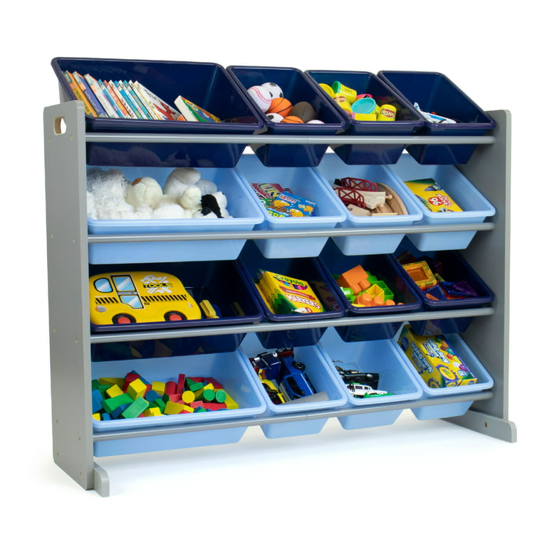 Qaba Childrens Toy Storage & Bin Organizer with 3 Separate Shelving  Sections 7 Shelves & 6 Removeable Bins Blue Kids Organization Rack w/  Individual Removable