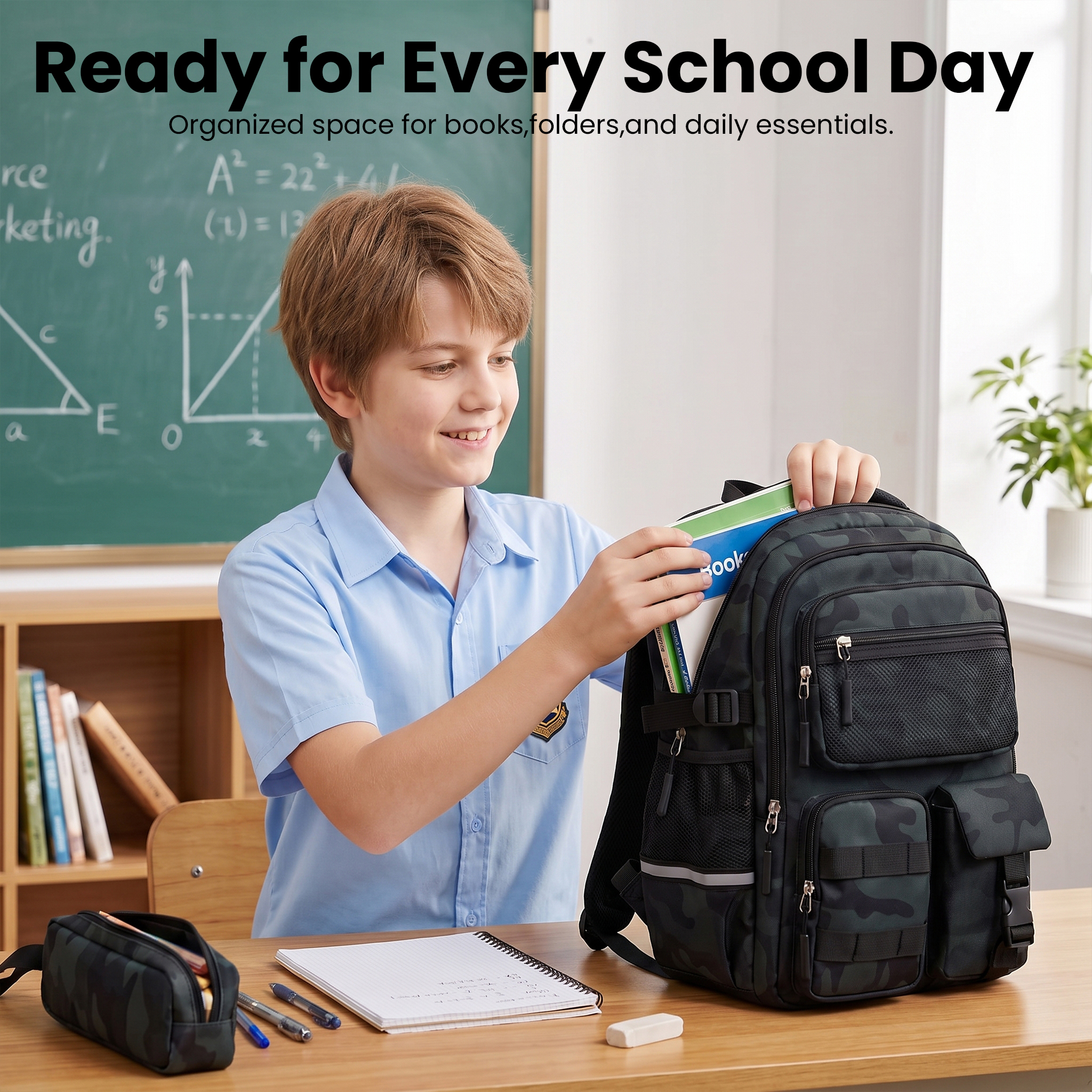 Mochila Escolar para Niños Grados 1-5, Camuflaje Repelente al Agua con Tiras Reflectantes, Transpirable para Primaria y Secundaria, 22L 3