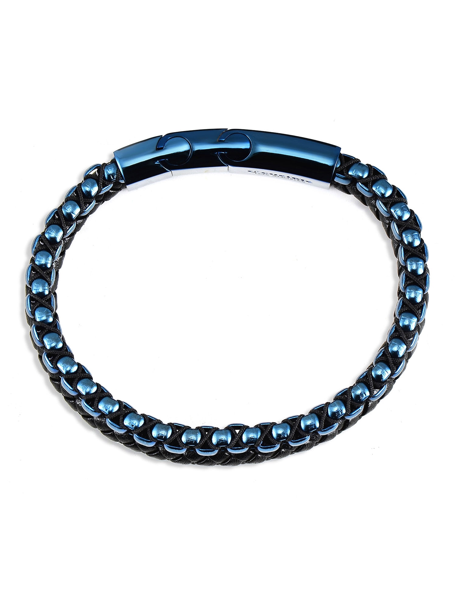 Coastal Jewelry Men's Polished Blue Plated Stainless Steel Box Chain and  Leather Bracelet (12mm) - 8 + 0.5 Ext.