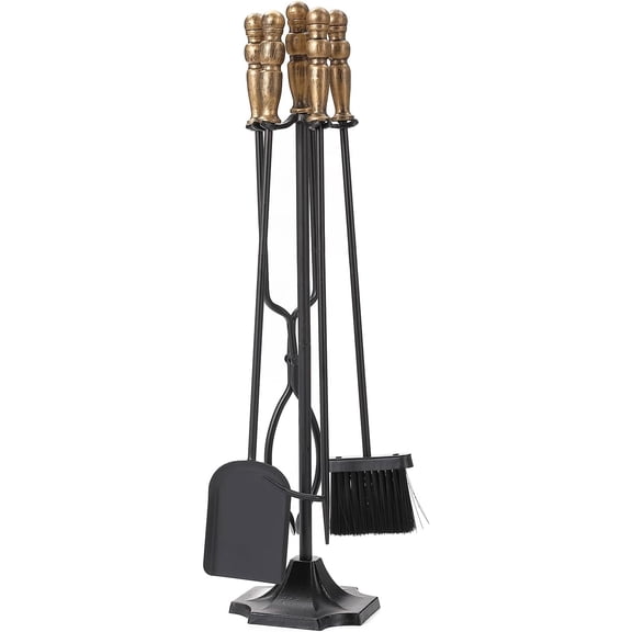 5 Piece Fireplace Tools Set, Wrought Iron Fire Place Tool Set with Gold Handle for Indoor Outdoor, Heavy Duty Base with Fire Poker, Brush, Shovel, and Tongs
