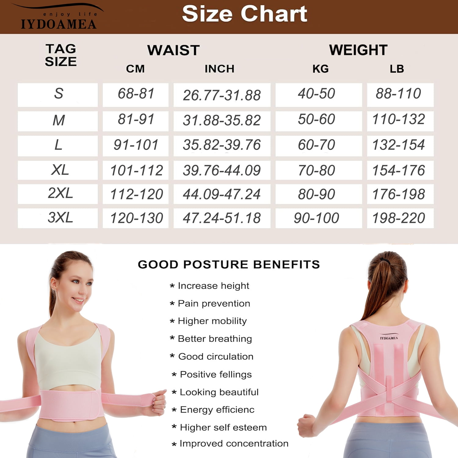 IYDoaMea Back Brace Posture Corrector Upper and Lower Back Support Belt, Pink