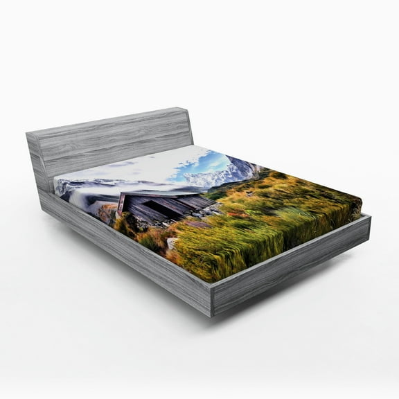 Landscape Fitted Sheet, European Mountains Spring Season Flourishing Nature Green Themed Photography, Soft Decorative Fabric Bedding, Full Size, Green and Grey, by Ambesonne