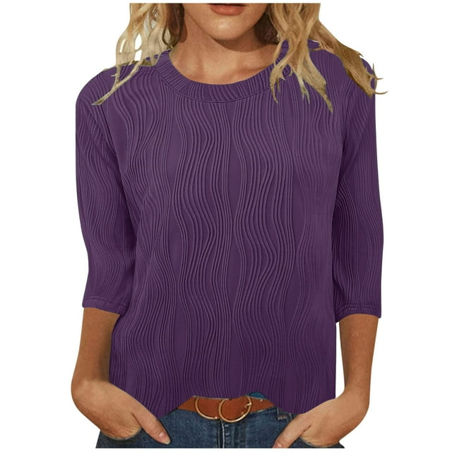 FAIWAD Hauts Texturés pour Femmes Été Chemises à Manches 3/4 Blouse Décontractée à Col Ras du Cou T-Shirts Basiques de Couleur Unie