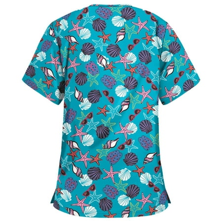 

Women Scrubs Top Nurses Clothing Working Uniform Top Care Workwear Short Sleeve V-Neck Cartoon Printed Fashion