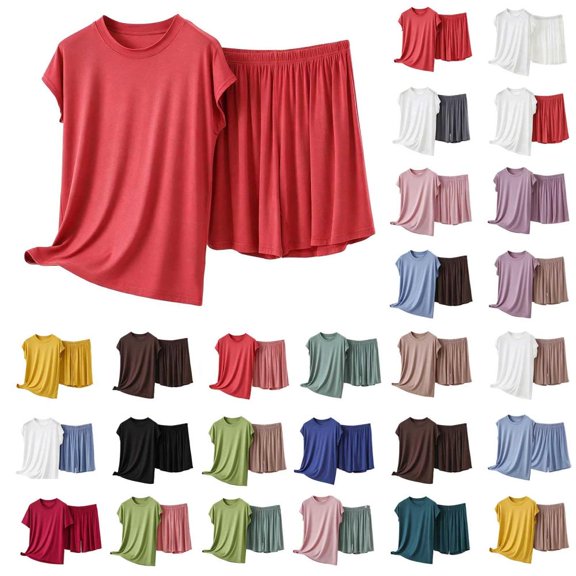 Bxsruta Womens Pajama Set Crew Neck Short Sleeve Sleepwear Casual Loungewear Shorts Outfit