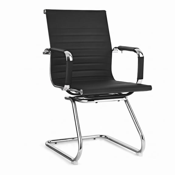 Furnibear Set of 2 Heavy Duty Conference Chair with PU Leather, Ergonomic Guest Reception Chair with Sled Base and Armrests for Office Home Waiting Room, Black