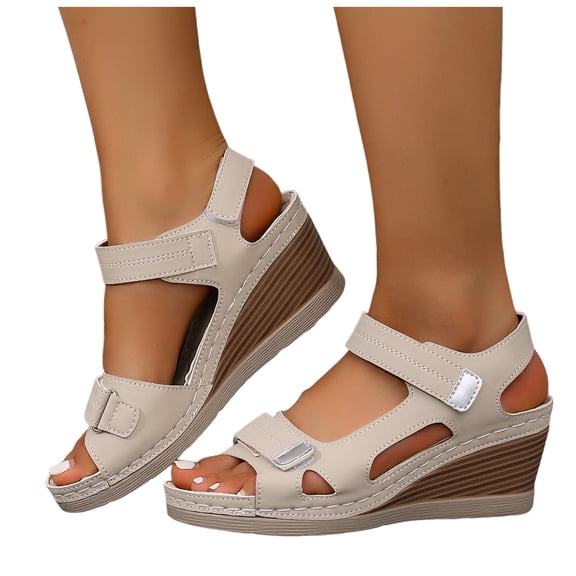 Rokment Women's Wedge Dressy Sandals Adjustable Bands Stylish Casual Leather Open Toe Ankle Strap Platform High Heels Dress Summer Shoes for Ladies Beige Size 6.5