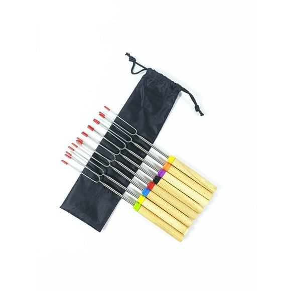 Stainless Steel Wooden Handle U-shaped Fork Telescopic Fork BBQ Grill Fork Hot Dog Marshmallow Stick Cooking Smoking BBQ Tool