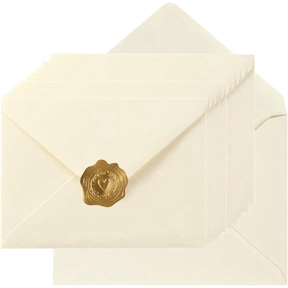 50 Pack A7 Envelopes 5x7, Self Seal Ivory Envelopes with Gold Foil Sealing Stickers, Moisture Activated Envelopes for Wedding Invitations, Photos, Greeting Cards