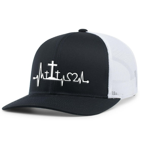 Mens Christian Hat Heartbeat Cross Embroidered Mesh Back Trucker Hat, Navy/White