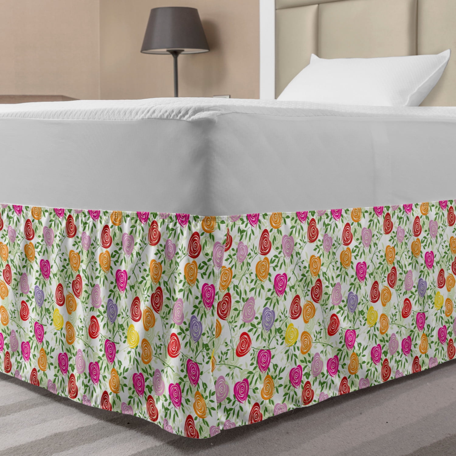 Floral Bed Skirt, Colorful Graphic Art of Heart Shaped Rose Petals in