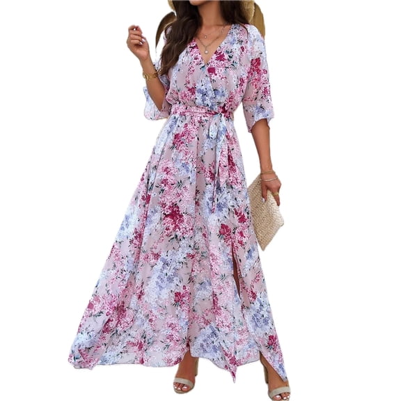 Women's Printed Tied Half Sleeve Dress with Front Slit in Lightweight Comfort 100% Polyester Fabric All Day Wear