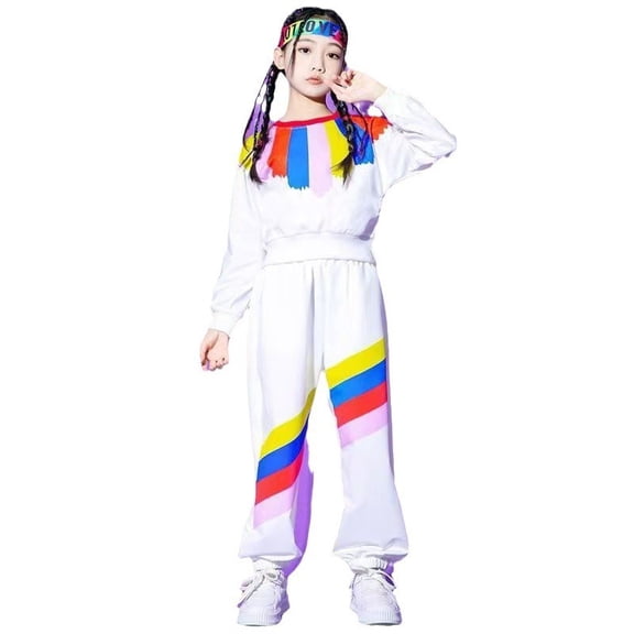 Huowey Girls 3 Piece Outfits Rainbow Color Block Casual Crewneck Long Sleeve Pullover Sweatshirts Striped Pants Hairband Fashion Carnival Party Activewear Spring Fall Clothes,Multicolour,13-14 Years