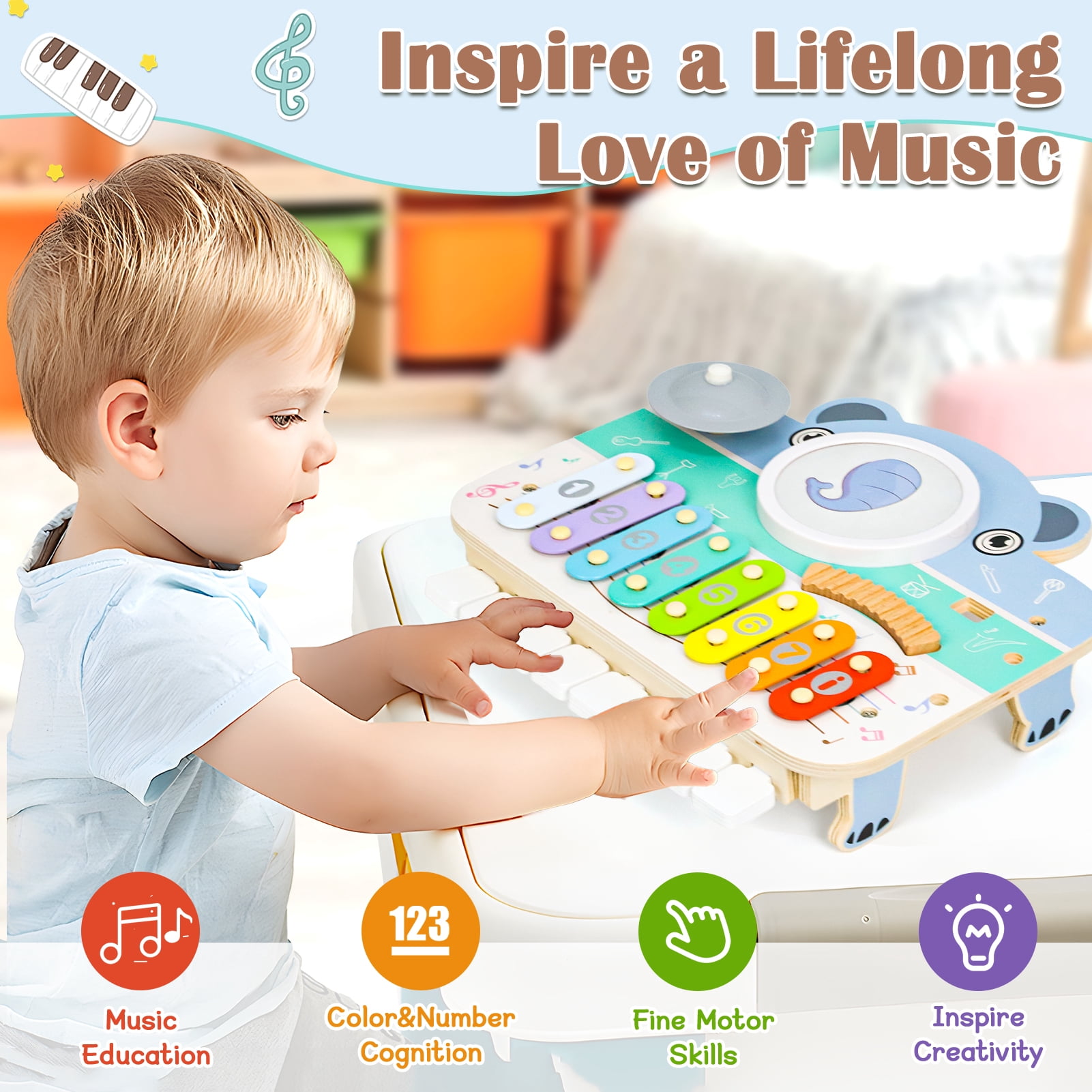 Wdmiya Baby Piano Xylophone for Toddlers 1-3, 6-in-1 Wooden Kids Musical Instruments, Music Toys with Drum Keyboard Sheet Music, Preschool Educational Birthday Gitfs for 1 2 3 Years Old Boys Girls