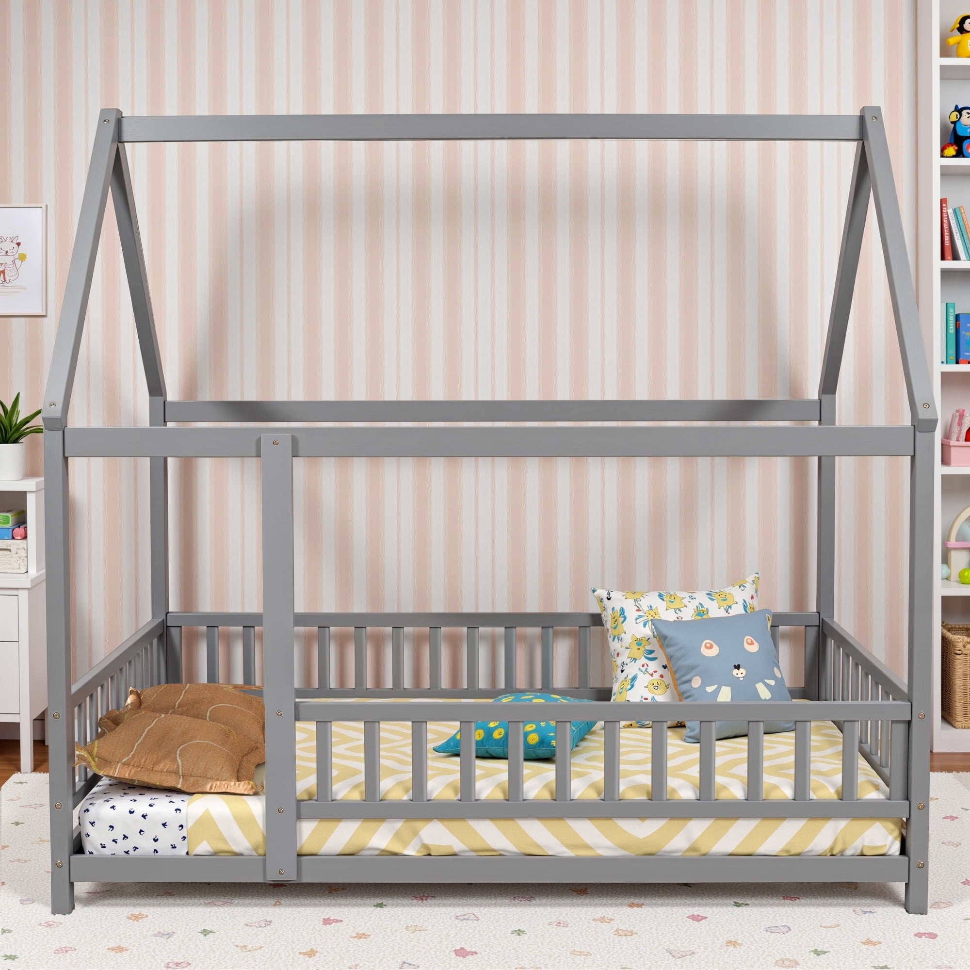Full Size House Shaped Floor Bed with Fence and Door, Montessori House Bed Frame with Safety Guardrails, Mattress Not included, Gray