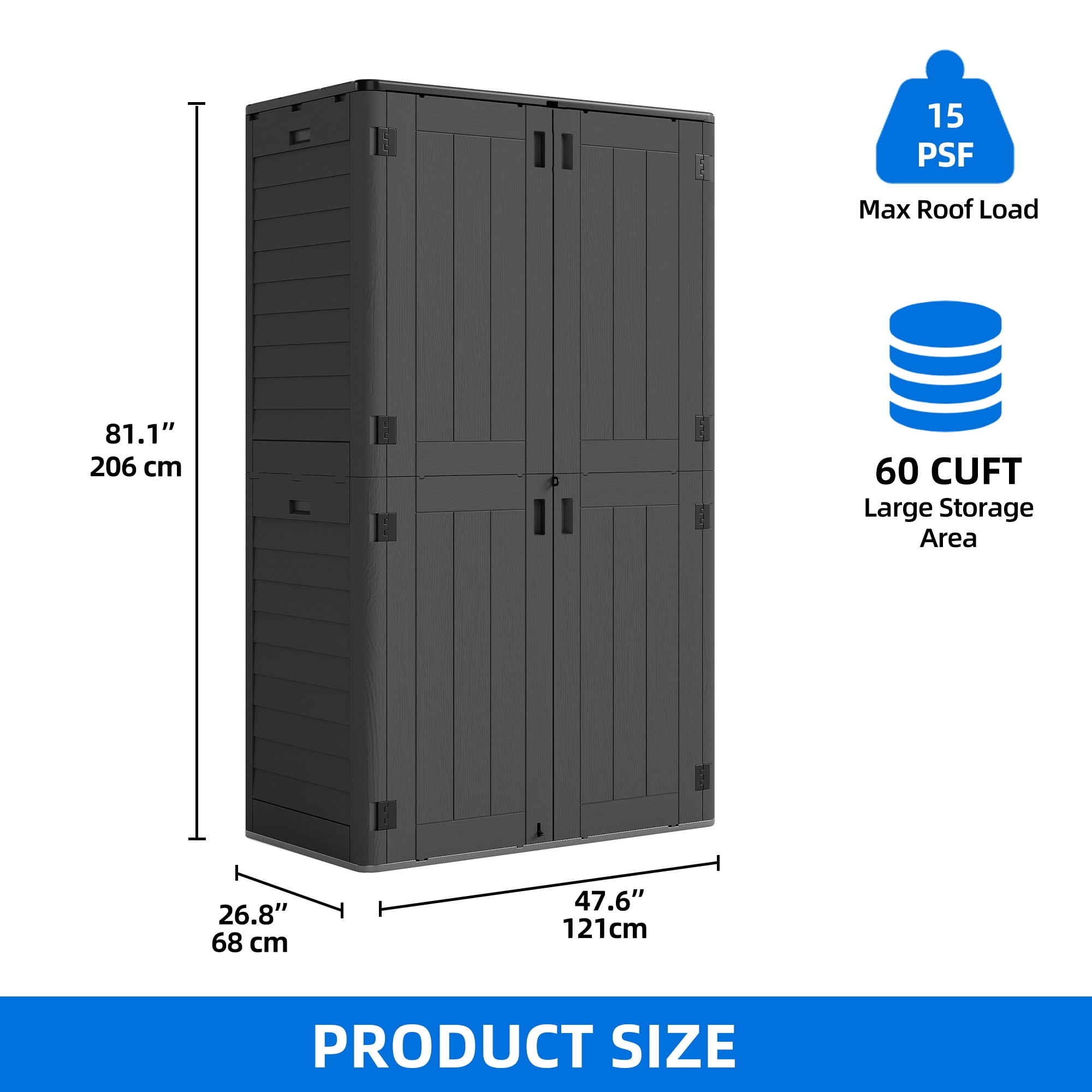 Dextrus Outdoor Vertical Storage Shed, 25 Cubic Feet without Shelving for Bicycles, Garden Tools, Garage, Poolside, Dark Gray & Black