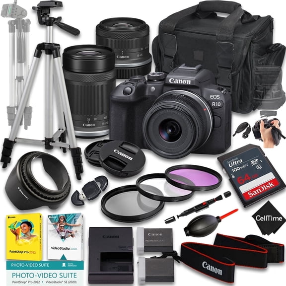 Canon EOS R10 Mirrorless Camera with RF-S 18-45mm f/4.5-6.3 IS STM And 55-210mm f/5-7.1 IS STM Lens   64GB Memory   Extra Battery   Camera Case   Tripod   More (24pc Bundle) (International Version)