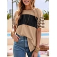 thumbnail image 5 of Womens Summer Oversized 2025 Crewneck Casual Color Block Striped Shirts Blouses Khaki M, 5 of 9
