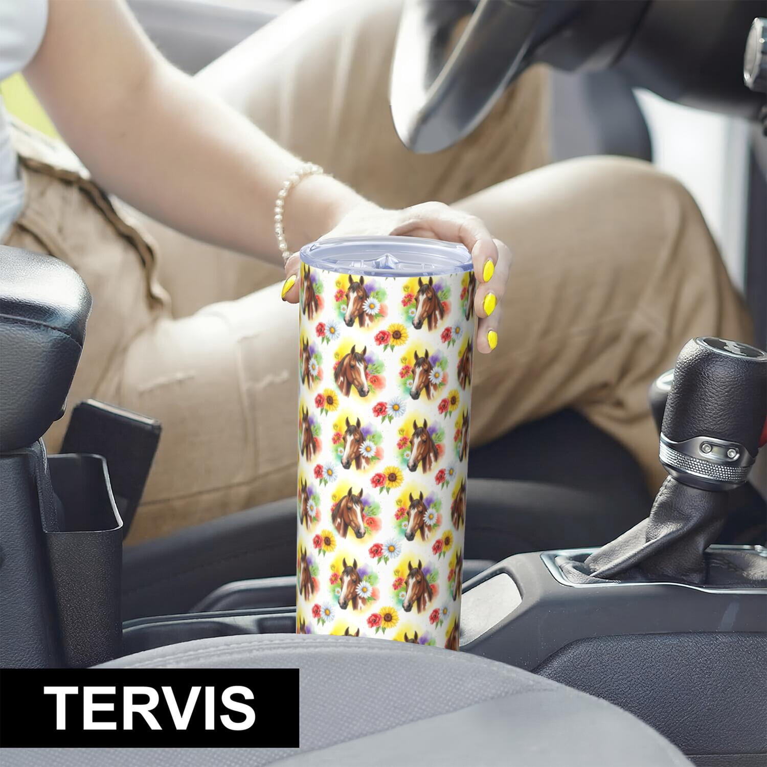 20oz Stainless Steel Skinny Tumbler, Double Wall Travel Mug with Lid and Straw,Horse Floral Head Colorful Pattern