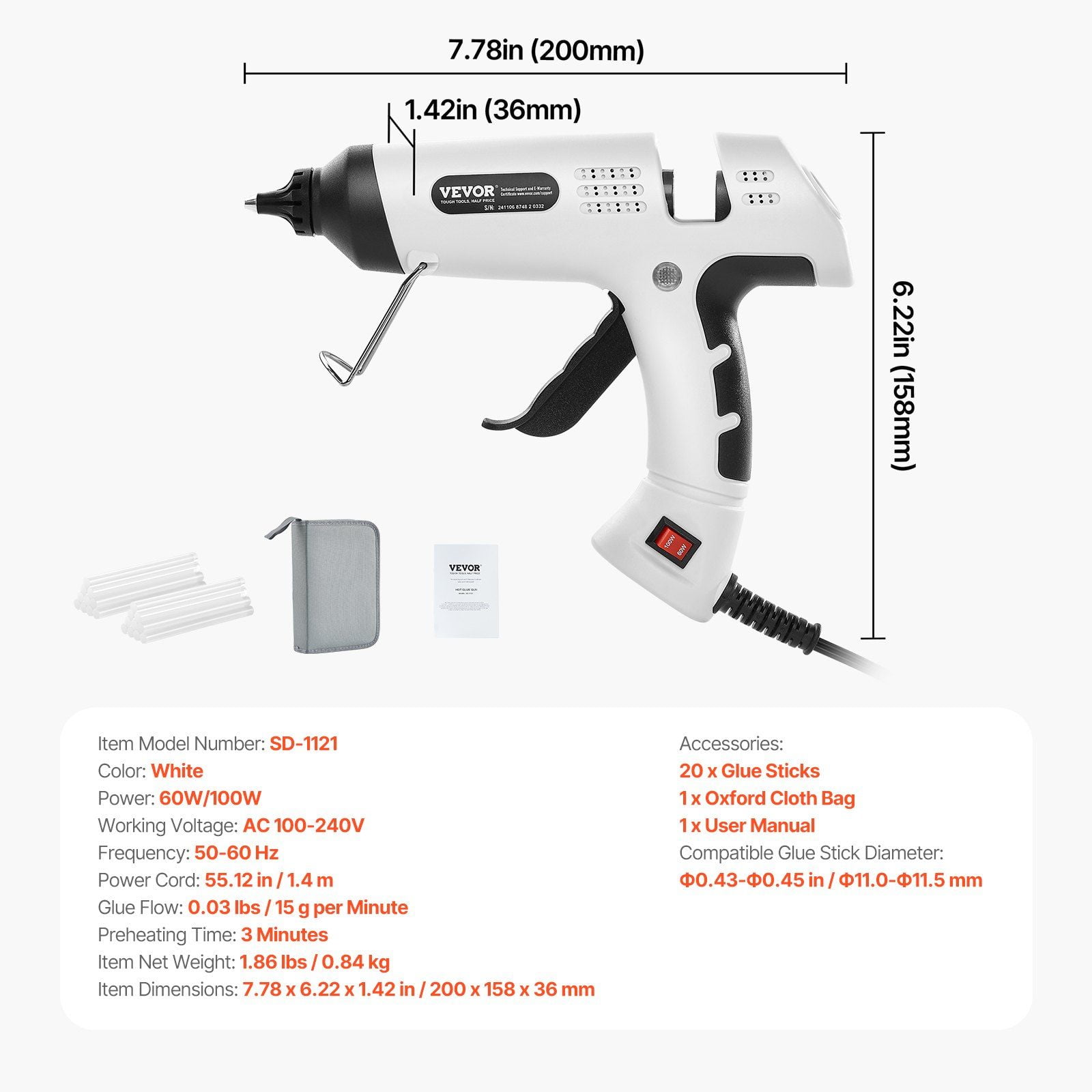 Professional Dual Temp Glue Gun 60W/100W with 20 Sticks, Fast Preheating for Arts, Crafts, Home Repairs, Oxford Bag, White