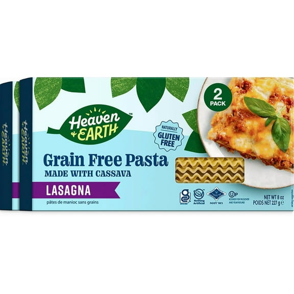 Heaven & Earth Grain Free Pasta, Cassava Lasagna Pasta, 8oz (2 Pack) Paleo Pasta, Vegan, Certified Gluten Free, Kosher for Passover