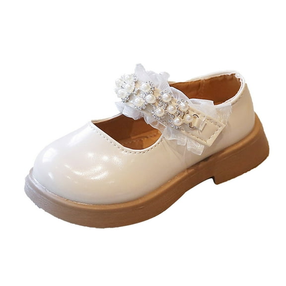 Otqutp Formal Flower Girls Shoes Fashion Spring and Summer Children Casual Shoes Girls Leather Shoes Dress Shoes Thick Soles Comfortable Pearl Lace Hook Loop Shoes