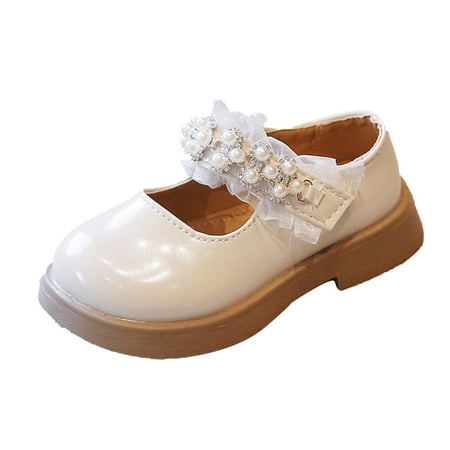 EnJoCho Mary Jane Shoes for Toddler Girls Fashion Spring Summer Children Casual Shoes Girls Leather Shoes Dress Shoes Thick Soles Comfortable Pearl Lace Hook Loop Toddler Cute Princess Casual Shoes