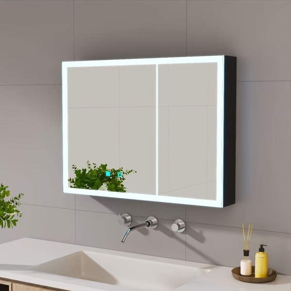 Mirror Medicine Cabinet Wall Mounted LED Lighted Anti-Fog Two Door Aluminum Black with Storage 1 Pack 31.5 x 23.6 Inches