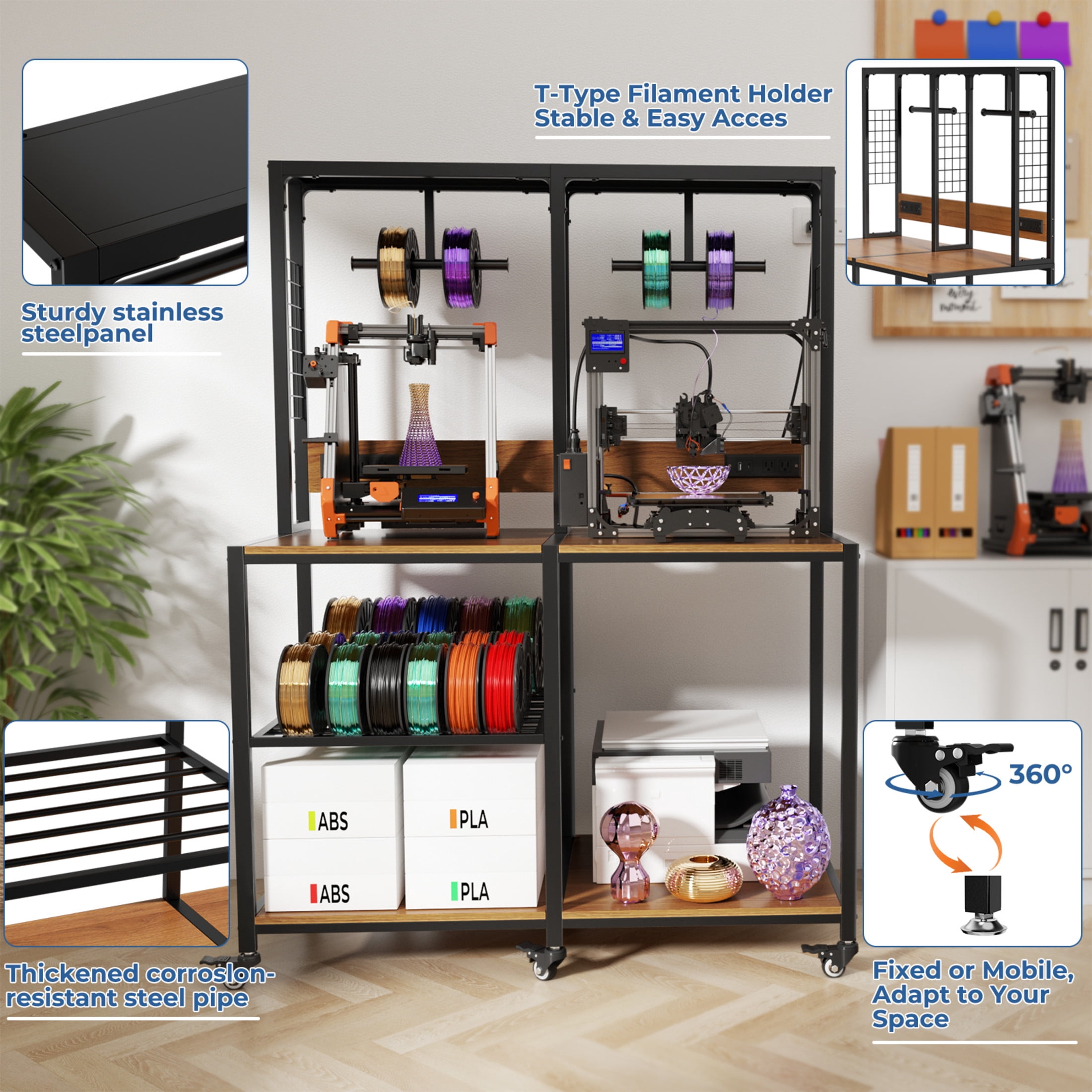 Noble House Double 3D Printer Stand with Filament Storage, Heavy-Duty Metal Dual Workbench with Lockable Wheels, Black