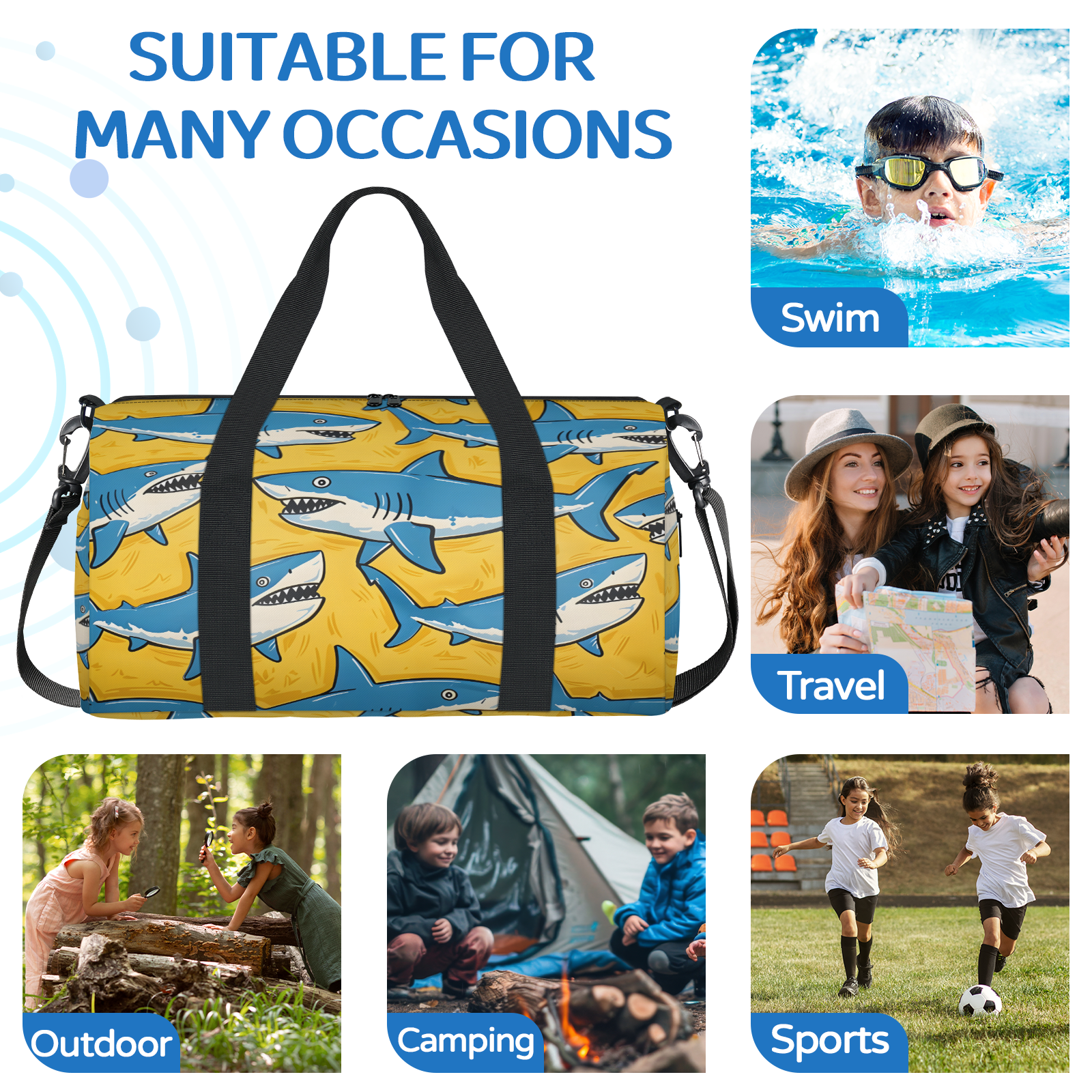 Herdesigns Nautical Shark Gym Bag for Women, Duffle Bag for Travel Sport, Sea Animal Lightweight Waterproof Carry on Weekender Dance Yoga Workout Bags