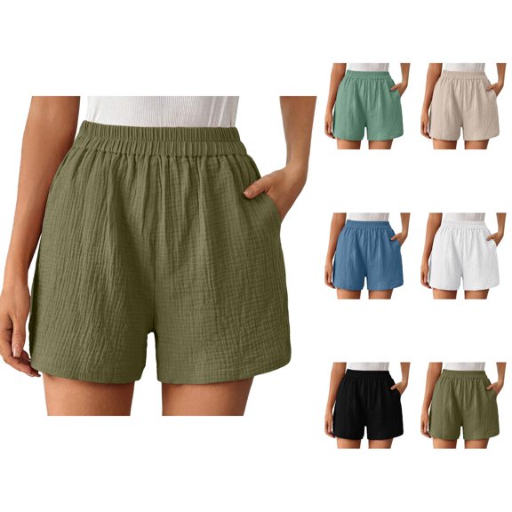 Summer Shorts for Women Lightweight Elastic High Waisted Loose Casual Crinkle Beach Shorts with Pockets