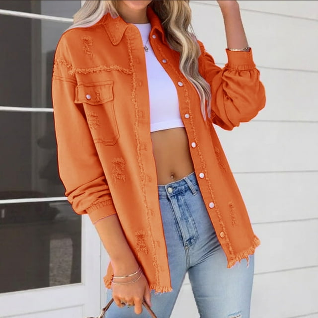 LOVZFMLL Vestes pour Femmes Mode à Manches Longues Décontractée à Boutons Veste en Denim Ample avec Franges et Trous Hauts