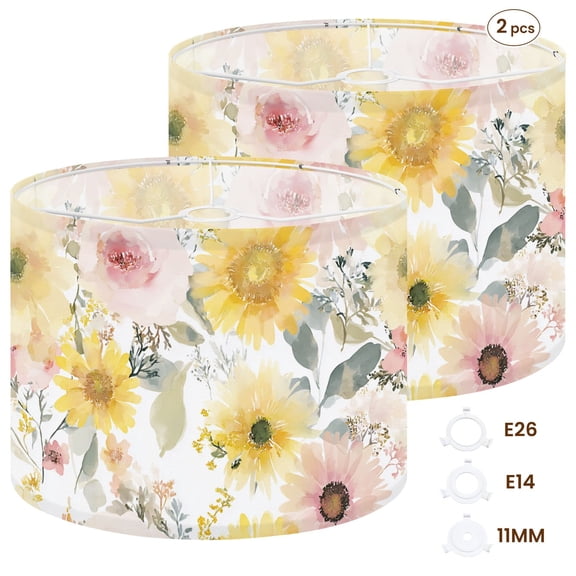 2pcs Set Drum Lampshades (13"x 13"x 10"), Soft Watercolor Floral Bouquet Yellow Sunflowers Fabric Large Replacement Shades for Table, Floor, and Pendant Lamps, Simple Assembly Needed.