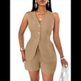thumbnail image 2 of Conjuntos de Verano de 2 Piezas para Mujer, Sin Mangas, con Cuello en V, Abotonado, Chaleco y Pantalones Cortos con Bolsillos. Caqui M, 2 of 9