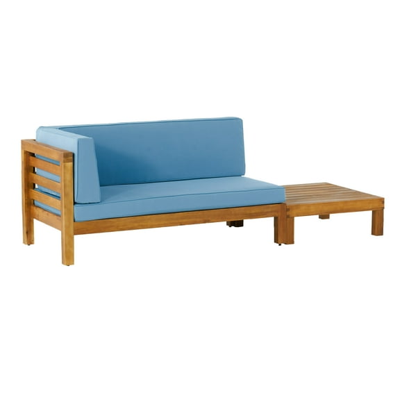 Kaena Acacia Wood Outdoor Left Arm Loveseat and Coffee Table Set with Cushion, Teak and Blue