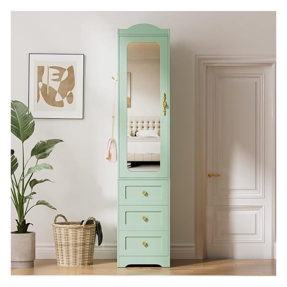 Armoire Wardrobe Closet, 69.5" H Wood Bedroom Armoires Cabinet with Mirror Door and 3 Drawers, Green Clothing Storage Cabinet with Hanging Rod & Sensor Light for Bedroom-Left