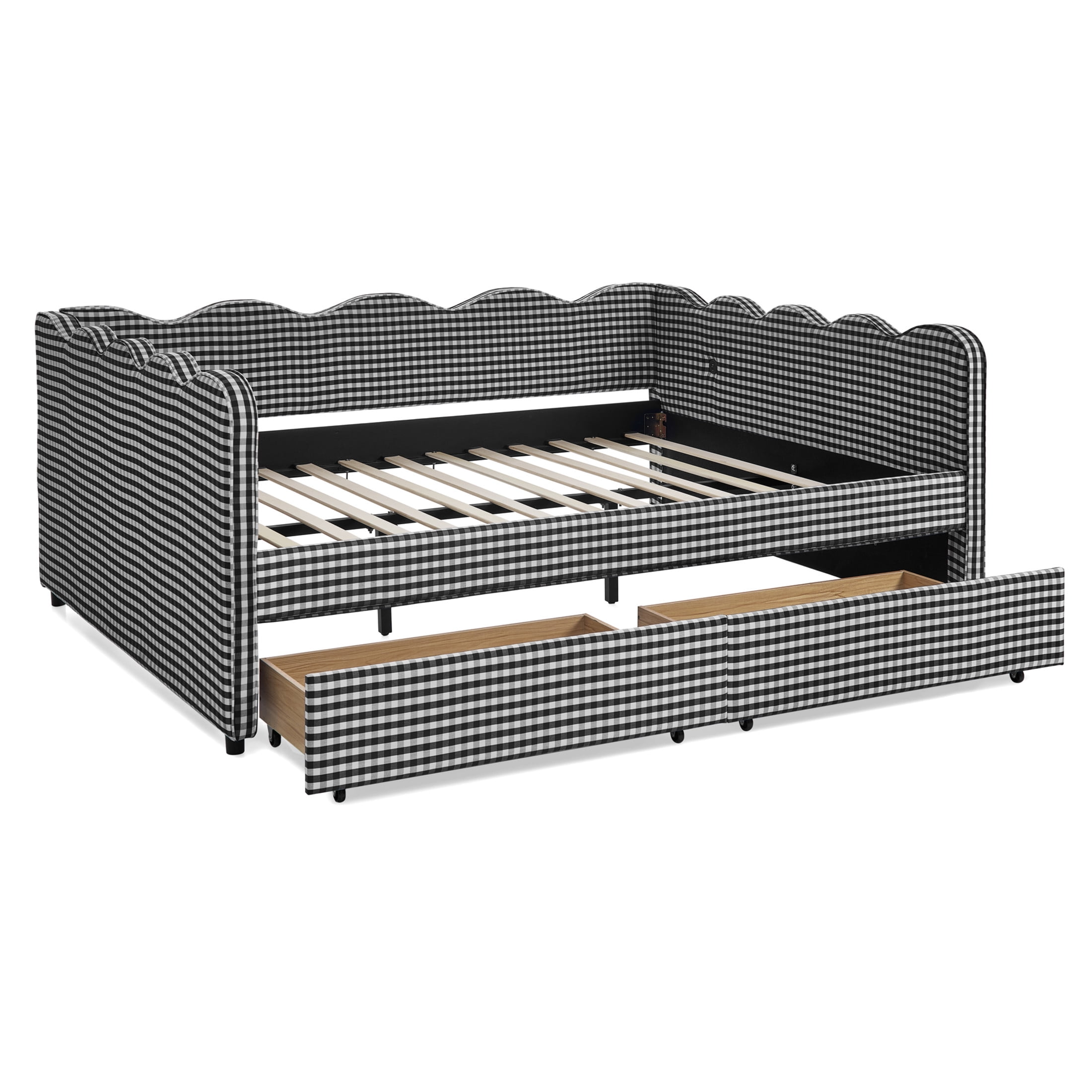 Noble House Corlan Queen Size Waved Daybed, Cozy Gingham Linen Sofa Bed with Storage Drawers and Charging Port, Black